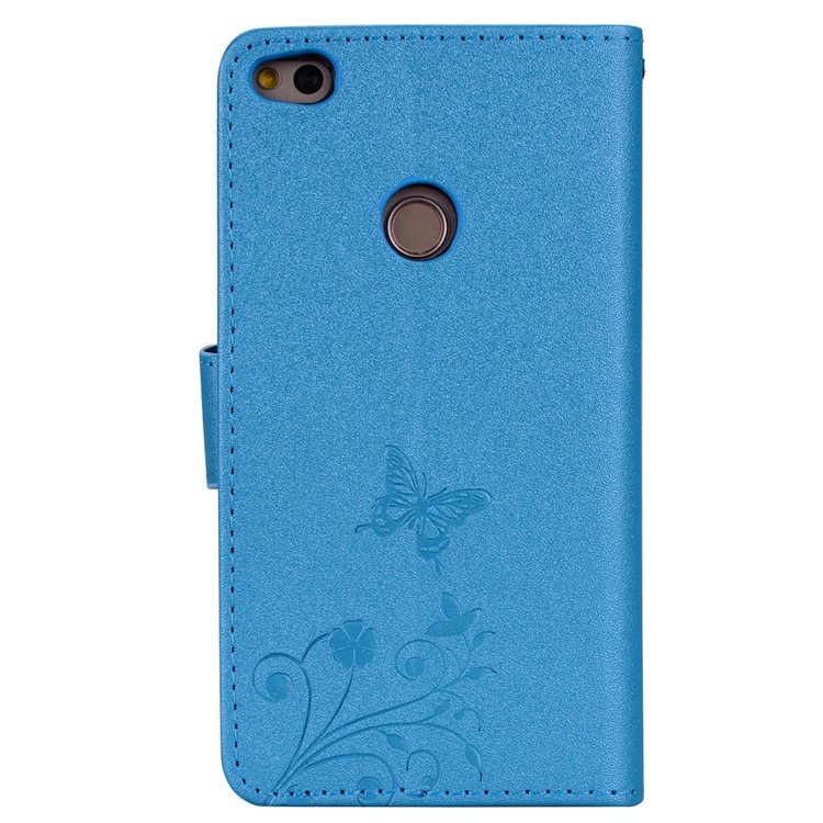 For Huawei P8 Lite (2017)/Honor 8 Lite Imprinted Butterfly Flower Rhinestone Leather Wallet Shell with Mirror - Blue-5
