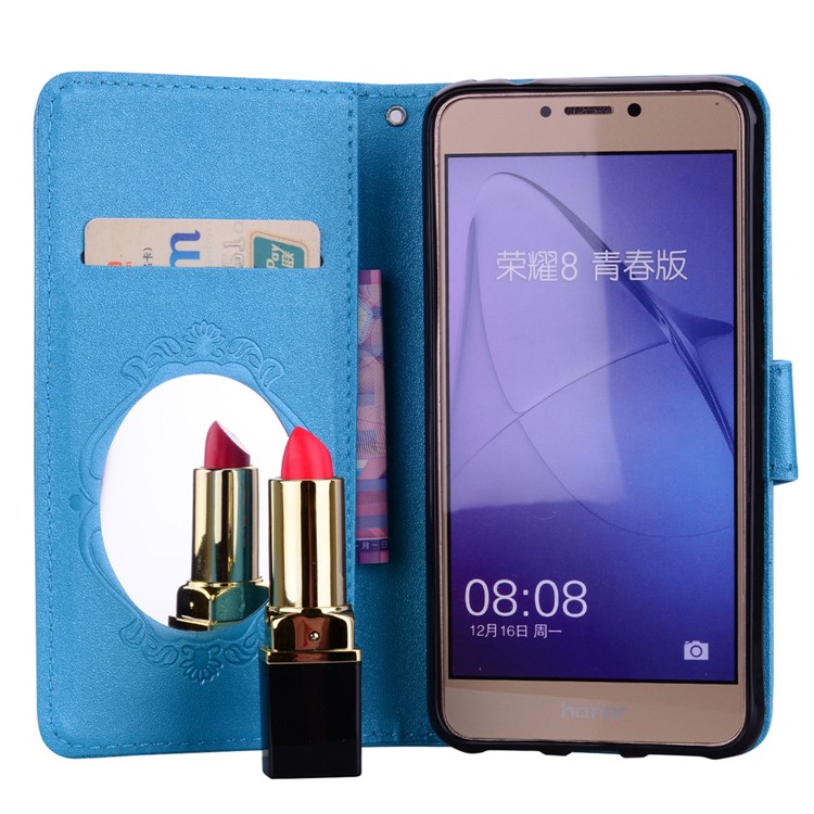 For Huawei P8 Lite (2017)/Honor 8 Lite Imprinted Butterfly Flower Rhinestone Leather Wallet Shell with Mirror - Blue-7