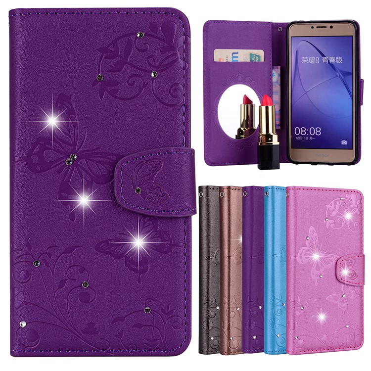 For Huawei P8 Lite (2017)/Honor 8 Lite Imprinted Butterfly Flower Rhinestone Leather Wallet Flip Cover with Mirror - Purple-1