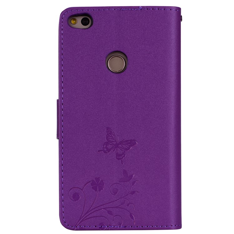 For Huawei P8 Lite (2017)/Honor 8 Lite Imprinted Butterfly Flower Rhinestone Leather Wallet Flip Cover with Mirror - Purple-5