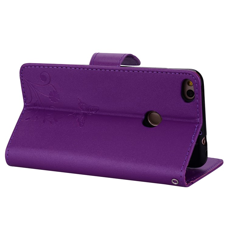 For Huawei P8 Lite (2017)/Honor 8 Lite Imprinted Butterfly Flower Rhinestone Leather Wallet Flip Cover with Mirror - Purple-6