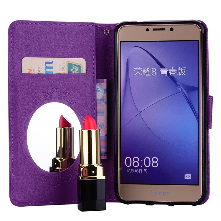 For Huawei P8 Lite (2017)/Honor 8 Lite Imprinted Butterfly Flower Rhinestone Leather Wallet Flip Cover with Mirror - Purple-7