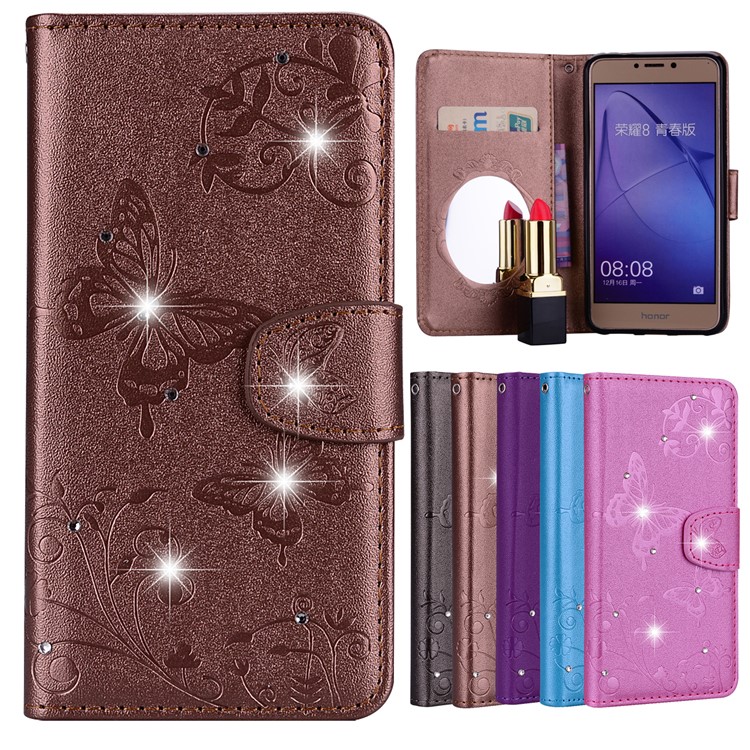 For Huawei P8 Lite (2017)/Honor 8 Lite Imprinted Butterfly Flower Rhinestone Leather Stand Mobile Shell with Mirror - Brown-1