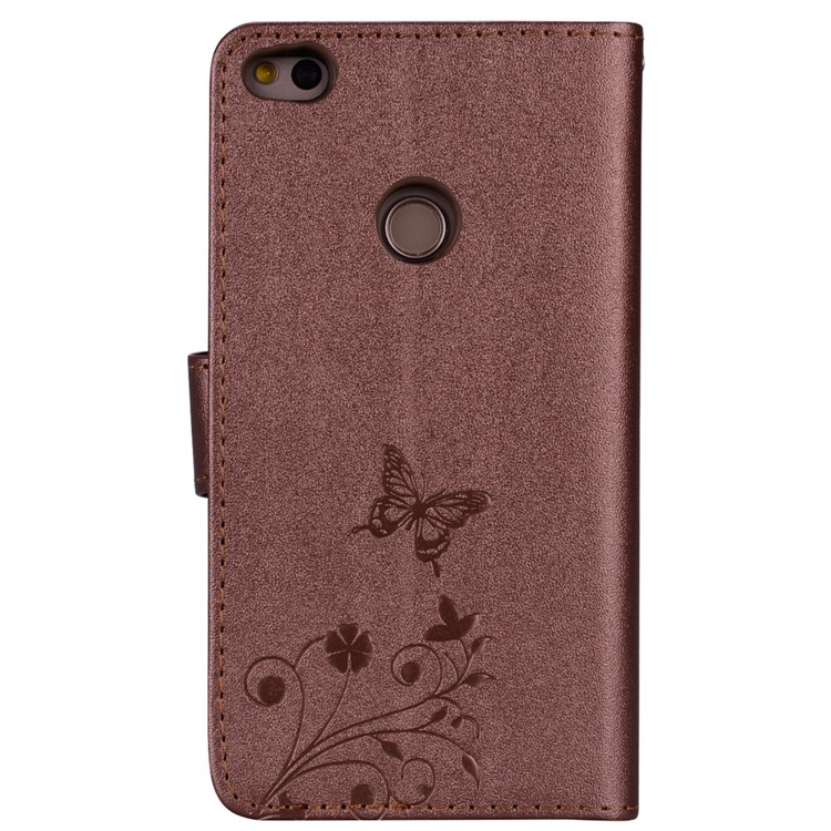 For Huawei P8 Lite (2017)/Honor 8 Lite Imprinted Butterfly Flower Rhinestone Leather Stand Mobile Shell with Mirror - Brown-5