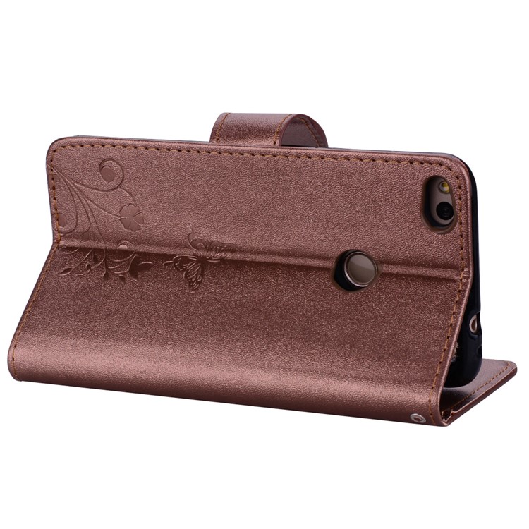 For Huawei P8 Lite (2017)/Honor 8 Lite Imprinted Butterfly Flower Rhinestone Leather Stand Mobile Shell with Mirror - Brown-6