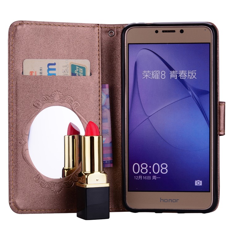 For Huawei P8 Lite (2017)/Honor 8 Lite Imprinted Butterfly Flower Rhinestone Leather Stand Mobile Shell with Mirror - Brown-7