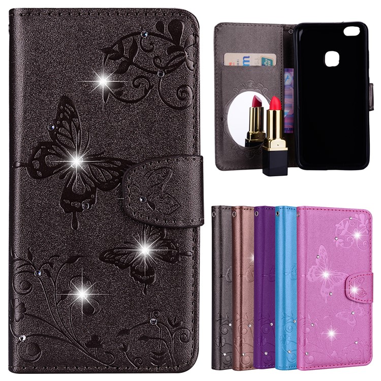For Huawei P10 Lite Imprinted Butterfly Flower Rhinestone Leather Wallet Case with Mirror - Black-1