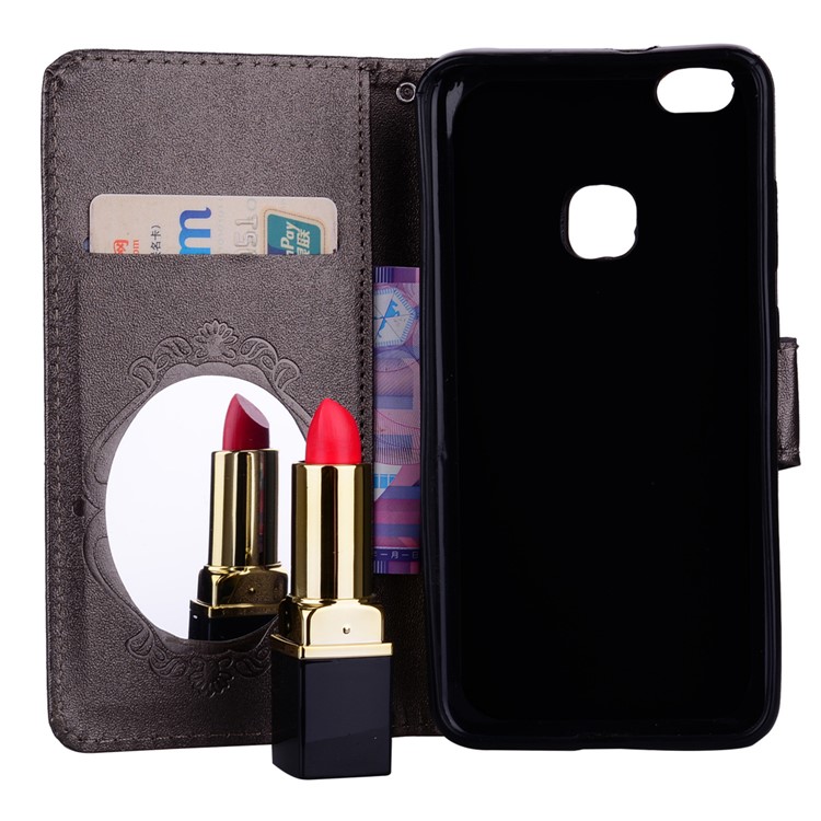 For Huawei P10 Lite Imprinted Butterfly Flower Rhinestone Leather Wallet Case with Mirror - Black-7