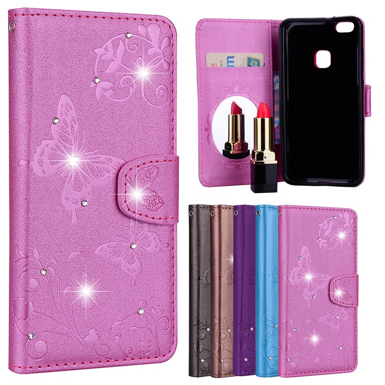 For Huawei P10 Lite Imprinted Butterfly Flower Rhinestone Leather Wallet Cover with Mirror - Rose-1