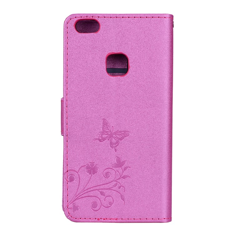 For Huawei P10 Lite Imprinted Butterfly Flower Rhinestone Leather Wallet Cover with Mirror - Rose-5