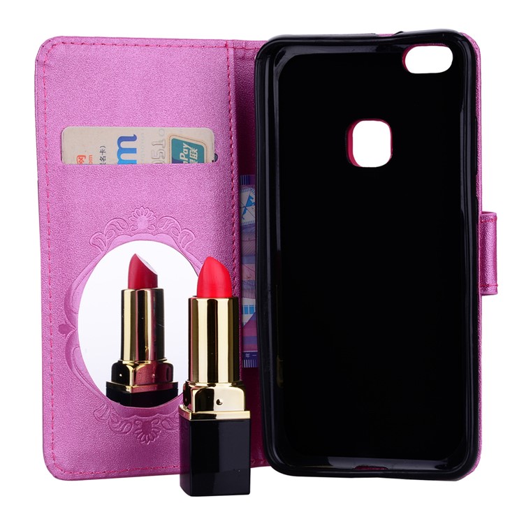 For Huawei P10 Lite Imprinted Butterfly Flower Rhinestone Leather Wallet Cover with Mirror - Rose-7