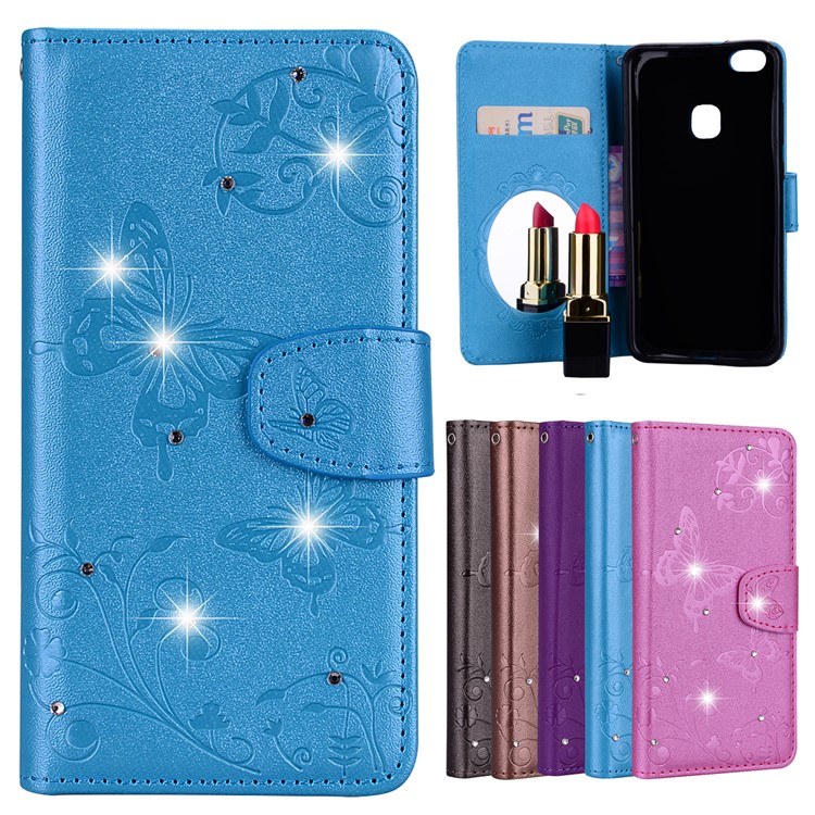 For Huawei P10 Lite Imprinted Butterfly Flower Rhinestone Leather Wallet Shell with Mirror - Blue-1