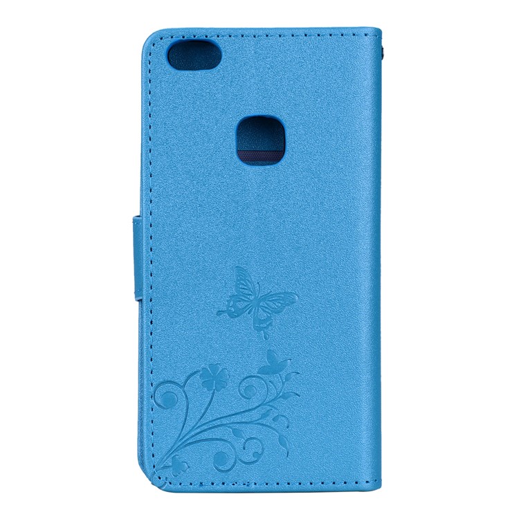 For Huawei P10 Lite Imprinted Butterfly Flower Rhinestone Leather Wallet Shell with Mirror - Blue-5