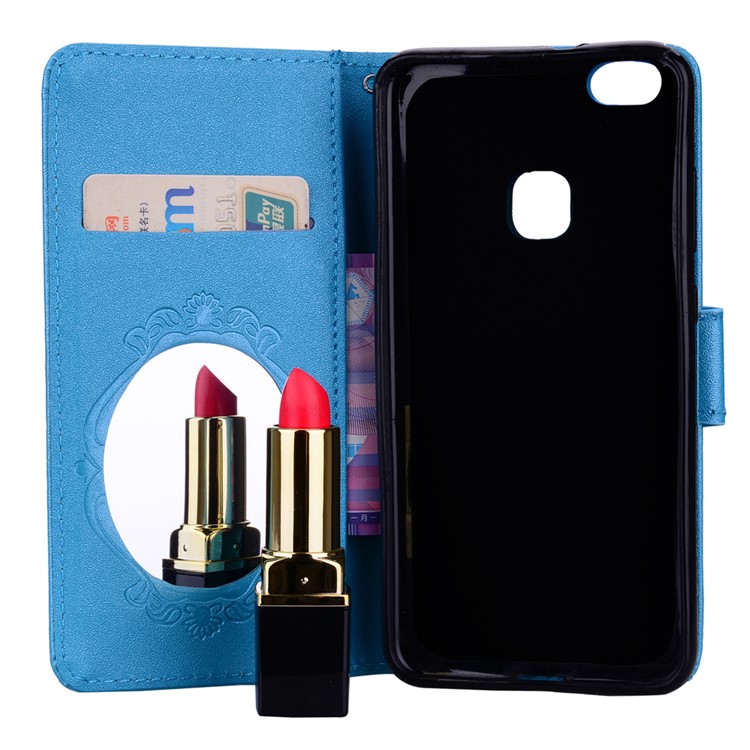 For Huawei P10 Lite Imprinted Butterfly Flower Rhinestone Leather Wallet Shell with Mirror - Blue-7