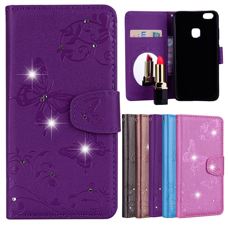 For Huawei P10 Lite Imprinted Butterfly Flower Rhinestone Leather Stand Phone Casing with Mirror - Purple-1