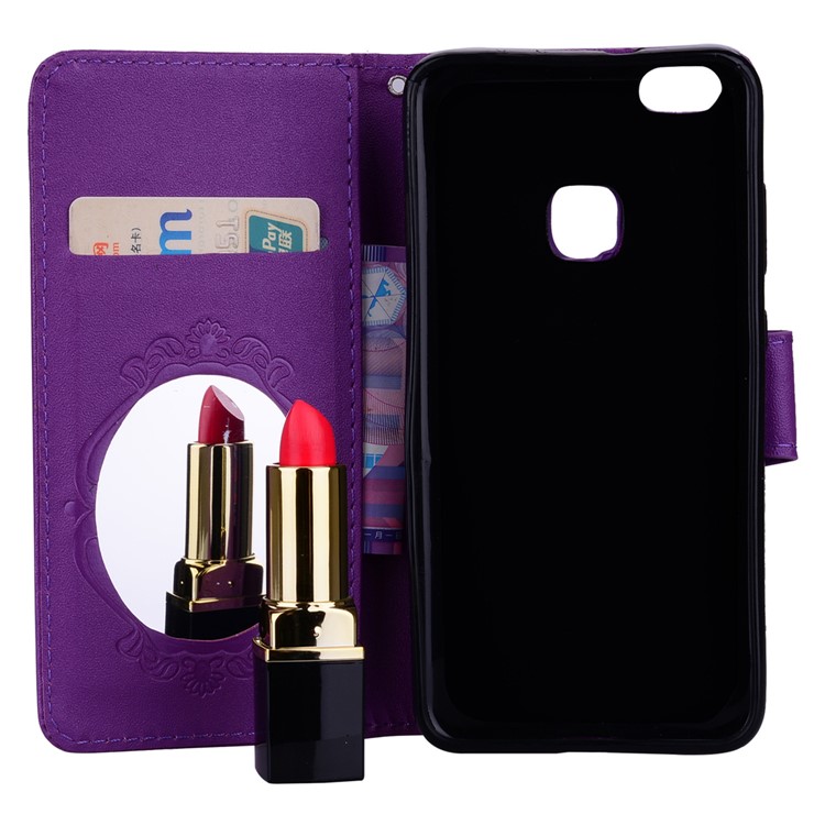 For Huawei P10 Lite Imprinted Butterfly Flower Rhinestone Leather Stand Phone Casing with Mirror - Purple-7