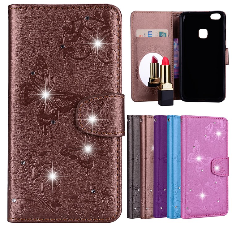 For Huawei P10 Lite Imprinted Butterfly Flower Rhinestone Leather Stand Mobile Cover with Mirror - Brown-1