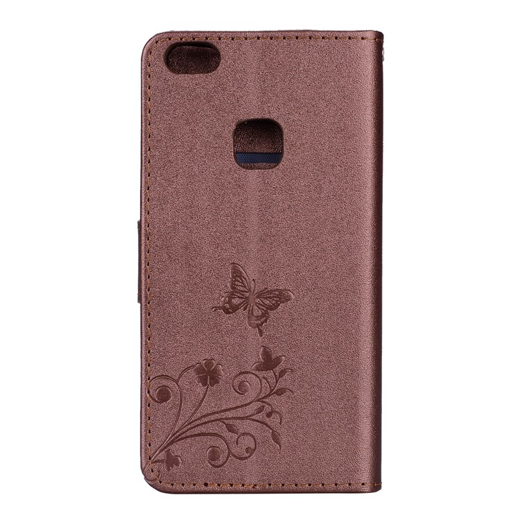 For Huawei P10 Lite Imprinted Butterfly Flower Rhinestone Leather Stand Mobile Cover with Mirror - Brown-5