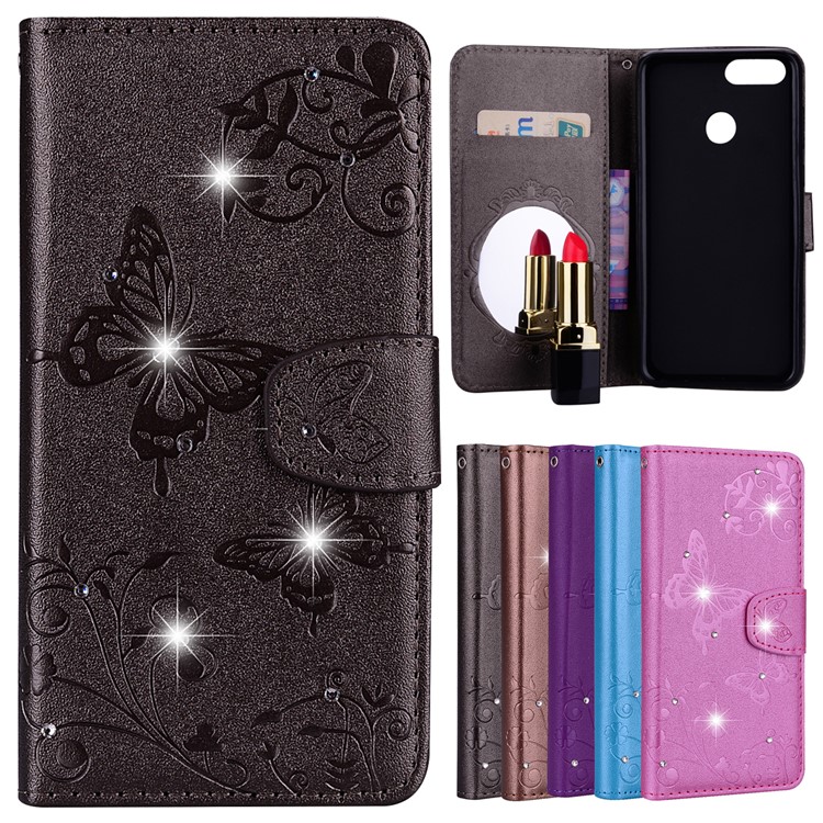 Imprinted Butterfly Flower Pattern Rhinestone Leather Wallet Case for Huawei Honor 7X - Black-1