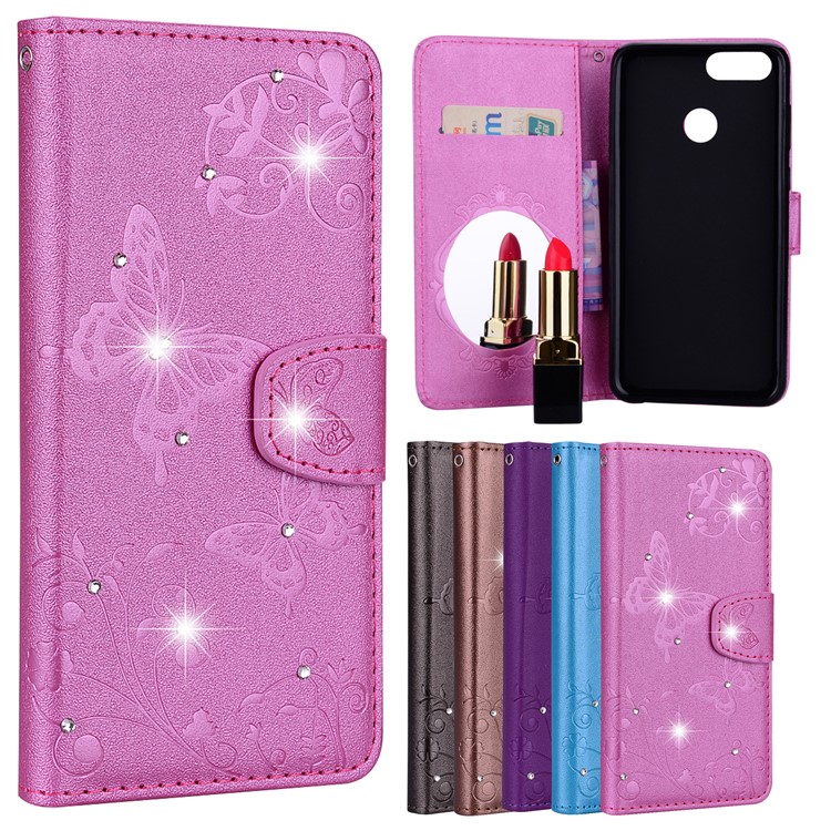 Imprinted Butterfly Flower Pattern Rhinestone Leather Wallet Cover for Huawei Honor 7X - Rose-1