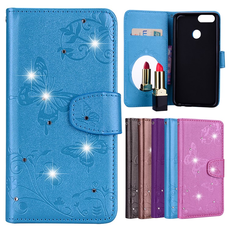 Imprinted Butterfly Flower Pattern Rhinestone PU Leather Wallet Case for Huawei Honor 7X - Blue-1