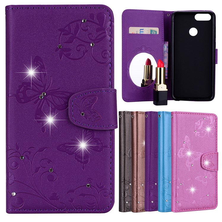 Imprinted Butterfly Flower Pattern Rhinestone Magnetic Leather Wallet Case for Huawei Honor 7X - Purple-1