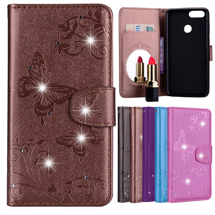 Imprinted Butterfly Flower Pattern Rhinestone Leather Wallet Case Phone Shell for Huawei Honor 7X - Brown-1