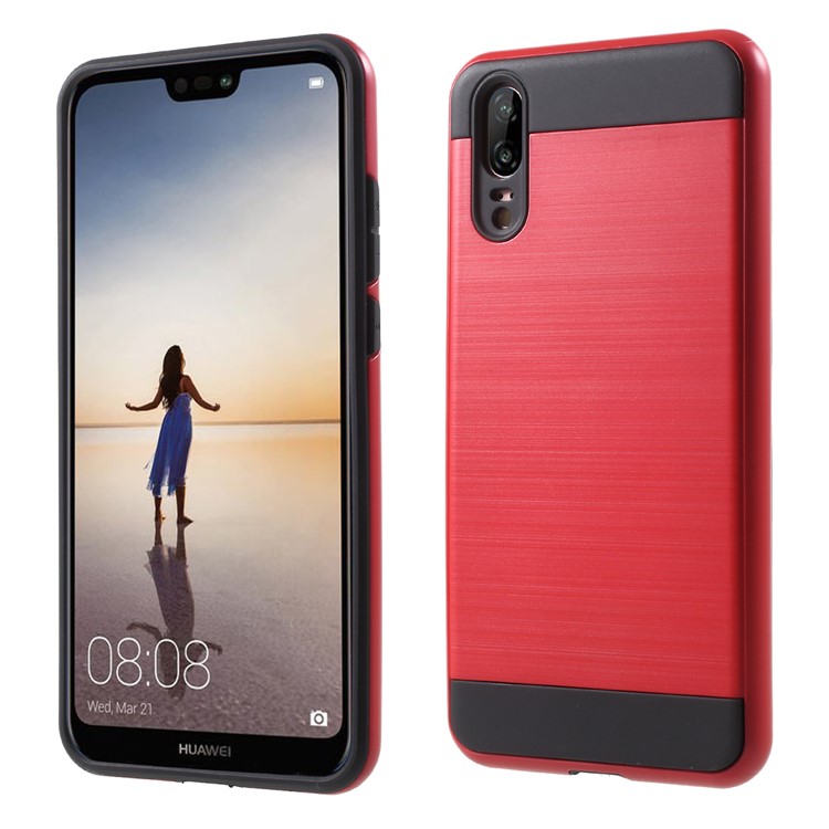 Brushed PC + TPU Hybrid Back Cover Case for Huawei P20 - Red-1