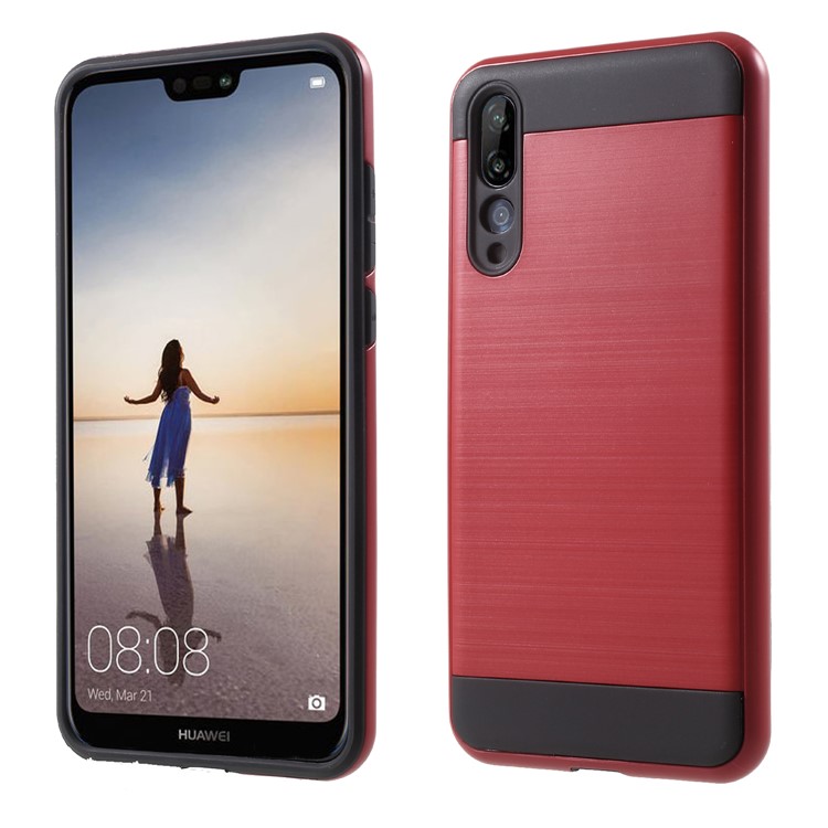 For Huawei P20 Pro Brushed PC + TPU Hybrid Case - Red-1