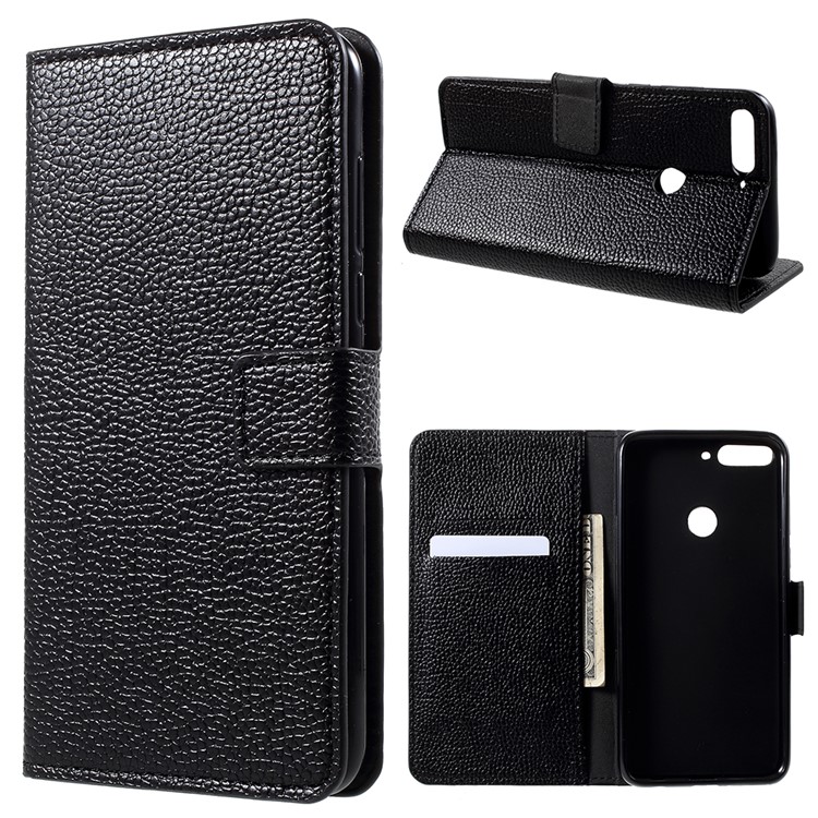 Litchi Skin Leather Wallet Case for Huawei Enjoy 8/Honor 7C /Y7 Prime (2018) - Black-1