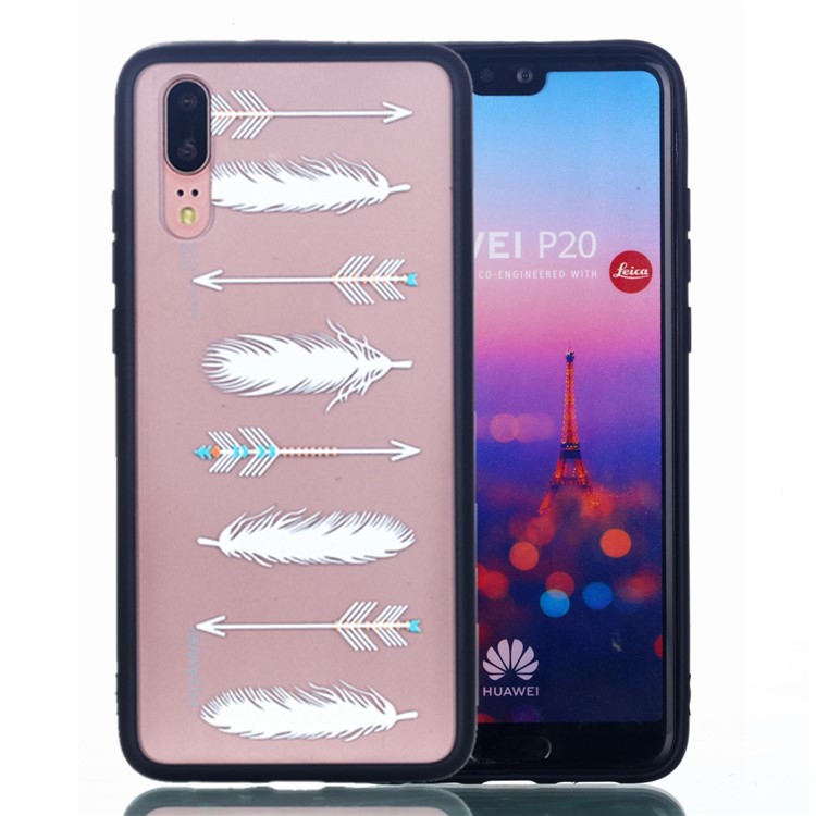 For Huawei P20 Embossed Rubberized PC TPU Hybrid Cover Case - White Feather and Arrow-1