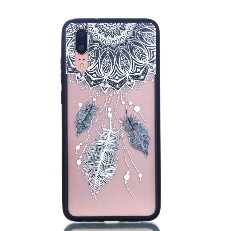 For Huawei P20 Embossed Rubberized PC TPU Hybrid Cell Phone Case - Mandala and Feathers-2