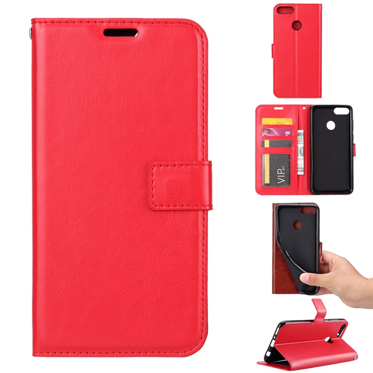 Crazy Horse Texture Wallet Stand Leather Shell for Huawei Y9 (2018) / Enjoy 8 Plus - Red-1