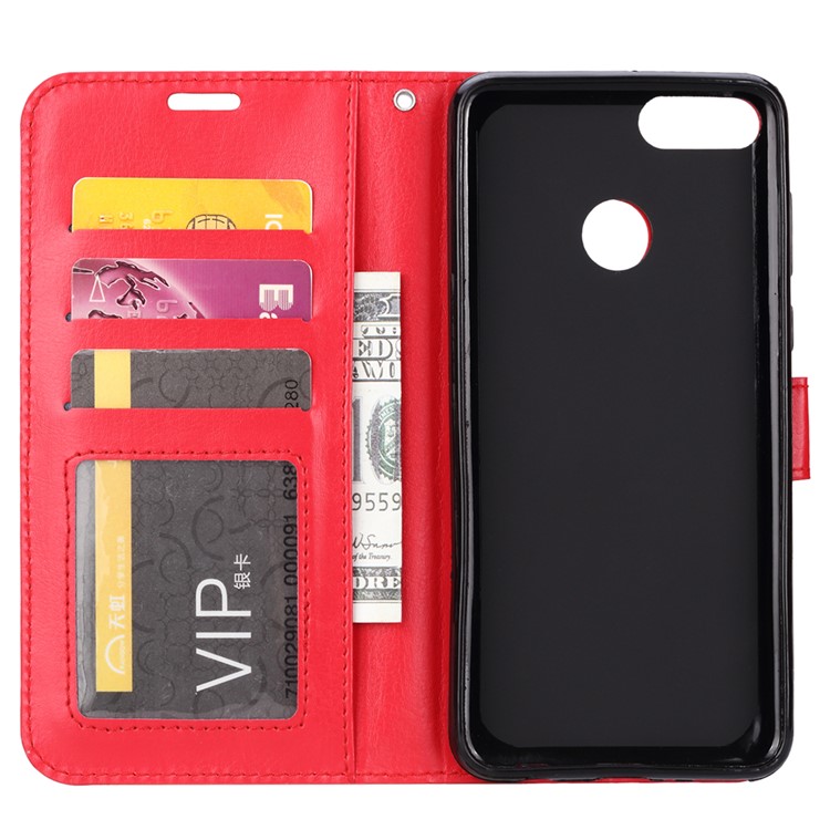 Crazy Horse Texture Wallet Stand Leather Shell for Huawei Y9 (2018) / Enjoy 8 Plus - Red-4