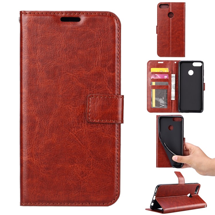 Crazy Horse Texture Wallet Stand Leather Mobile Casing for Huawei Y9 (2018) / Enjoy 8 Plus - Brown-1