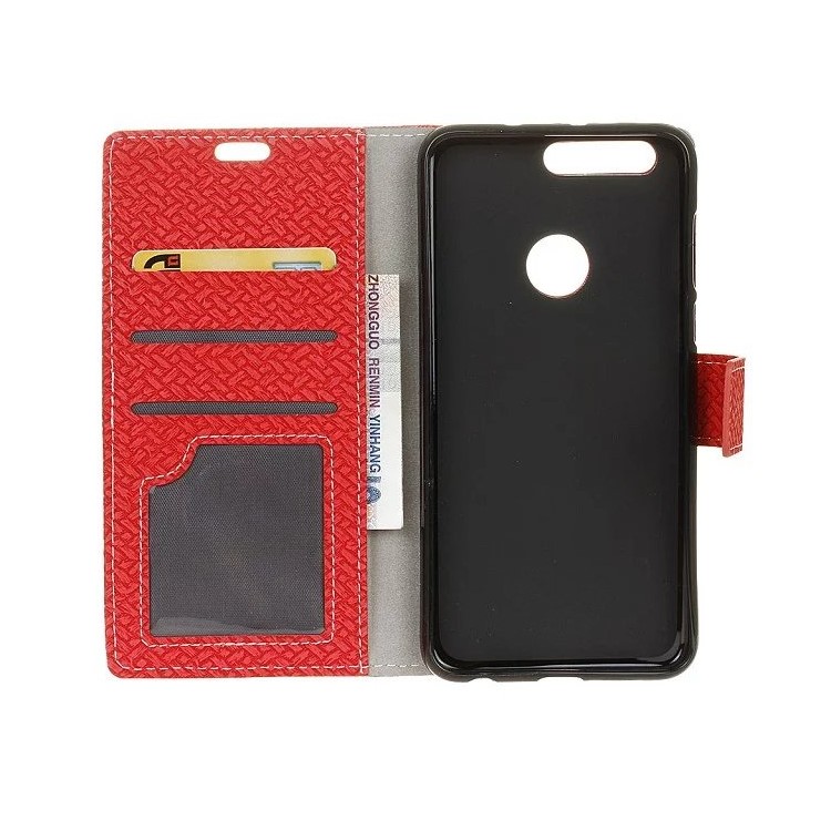Woven Texture Wallet Stand Leather Phone Shell for Huawei Honor 7A (with Fingerprint Sensor)/Honor 7A Pro/ Enjoy 8E - Red-3