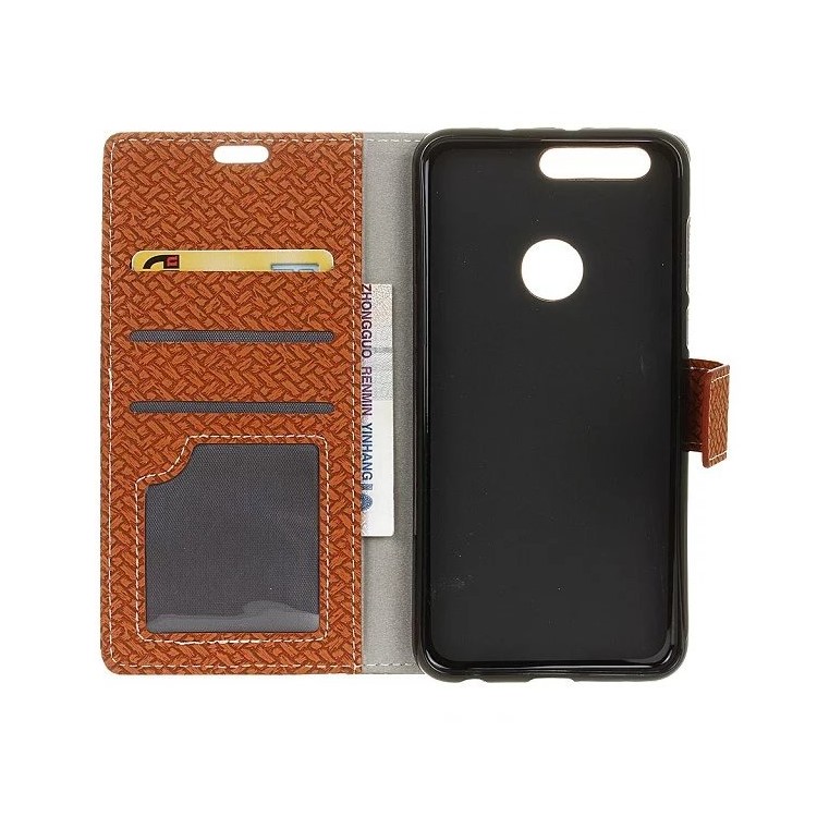 Woven Texture Wallet Stand Leather Cover Accessory for Huawei Honor 7A (with Fingerprint Sensor)/Honor 7A Pro/ Enjoy 8E - Brown-3