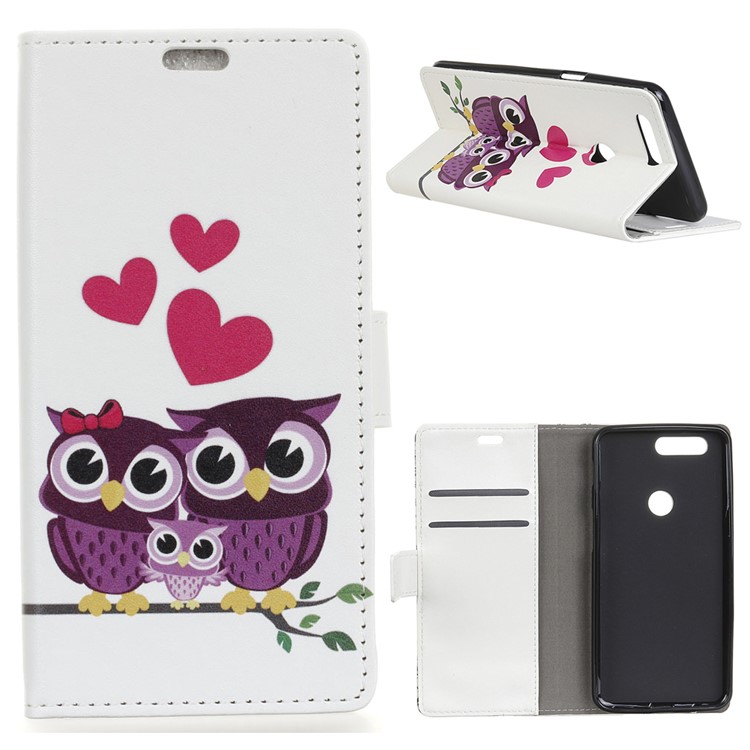 Pattern Printing Stand Leather Wallet Mobile Case for Huawei Honor 7A (with Fingerprint Sensor) / Honor 7A Pro / Enjoy 8e - Sweet Owl Family-1