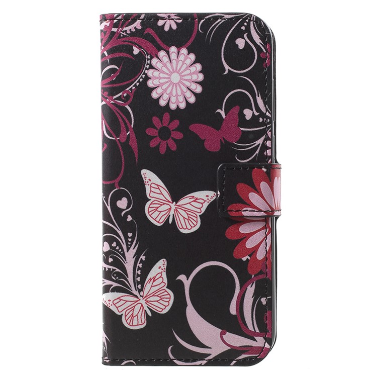 Patterned PU Leather Wallet Case with Stand for Huawei Enjoy 8E / Honor 7A Pro / Honor 7A (with Fingerprint Sensor) - Pink Butterfly and Flower-1