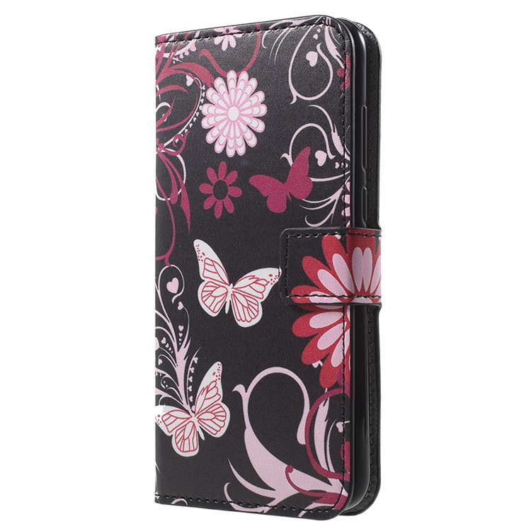 Patterned PU Leather Wallet Case with Stand for Huawei Enjoy 8E / Honor 7A Pro / Honor 7A (with Fingerprint Sensor) - Pink Butterfly and Flower-2