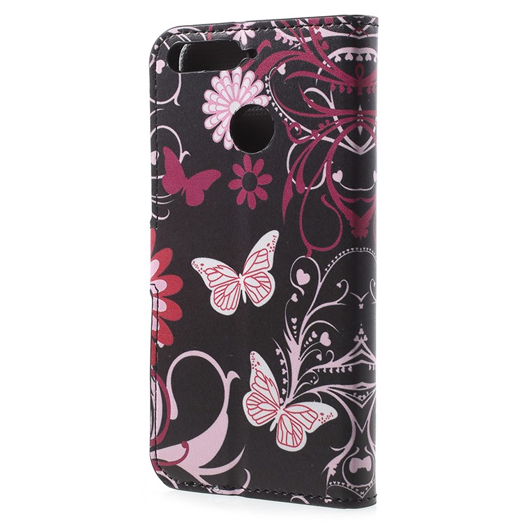 Patterned PU Leather Wallet Case with Stand for Huawei Enjoy 8E / Honor 7A Pro / Honor 7A (with Fingerprint Sensor) - Pink Butterfly and Flower-3