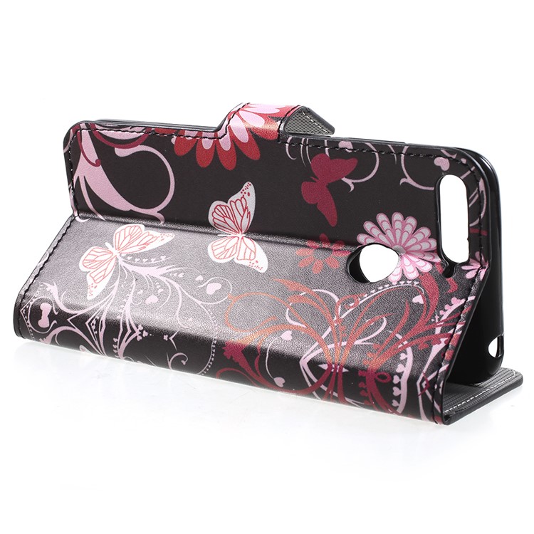 Patterned PU Leather Wallet Case with Stand for Huawei Enjoy 8E / Honor 7A Pro / Honor 7A (with Fingerprint Sensor) - Pink Butterfly and Flower-4