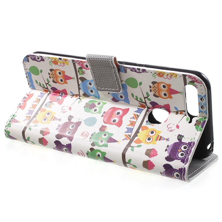 Patterned PU Leather Wallet Stand Phone Folio Shell for Huawei Enjoy 8E / Honor 7A Pro / Honor 7A (with Fingerprint Sensor) - Owl Family-4