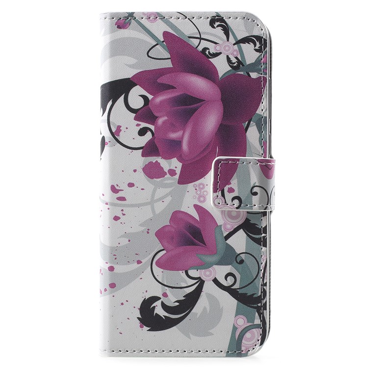 Patterned PU Leather Wallet Stand Folio Protection Cover for Huawei Enjoy 8E / Honor 7A Pro / Honor 7A (with Fingerprint Sensor) - Purple Flower-1