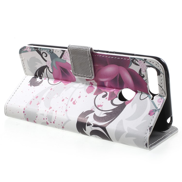 Patterned PU Leather Wallet Stand Folio Protection Cover for Huawei Enjoy 8E / Honor 7A Pro / Honor 7A (with Fingerprint Sensor) - Purple Flower-4