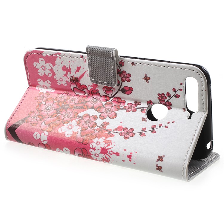 Patterned Leather Wallet Cellphone Cover Shell for Huawei Enjoy 8E / Honor 7A Pro / Honor 7A (with Fingerprint Sensor) - Pink Flower-4
