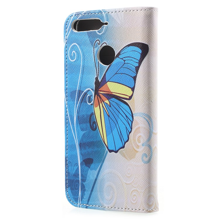 Patterned Leather Phone Magnetic Cover Case for Huawei Honor 7A (with Fingerprint Sensor)/Honor 7A Pro/Enjoy 8e - Blue and Yellow Butterfly-3