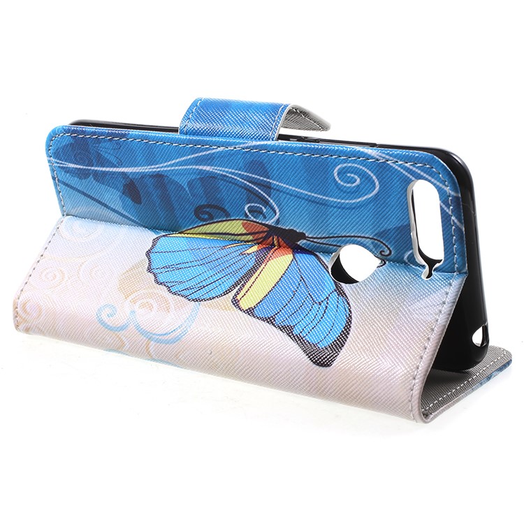Patterned Leather Phone Magnetic Cover Case for Huawei Honor 7A (with Fingerprint Sensor)/Honor 7A Pro/Enjoy 8e - Blue and Yellow Butterfly-4