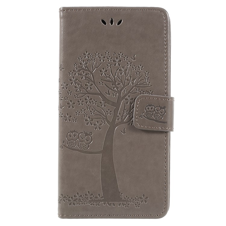 Imprint Tree Owl Leather Wallet Folio Cover for Huawei Honor 7A (with Fingerprint Sensor)/Honor 7A Pro/Enjoy 8e - Grey-1