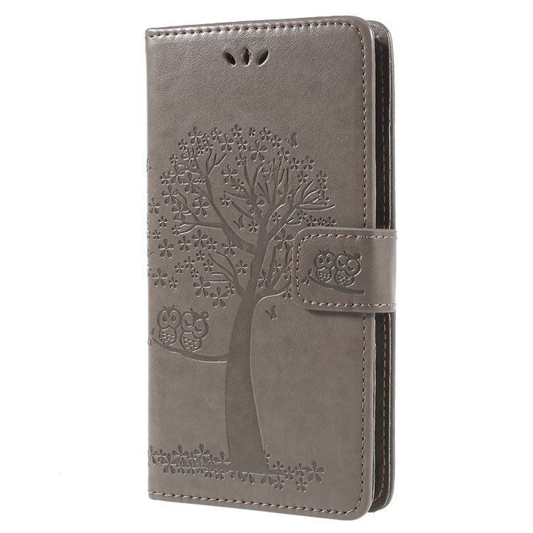 Imprint Tree Owl Leather Wallet Folio Cover for Huawei Honor 7A (with Fingerprint Sensor)/Honor 7A Pro/Enjoy 8e - Grey-2